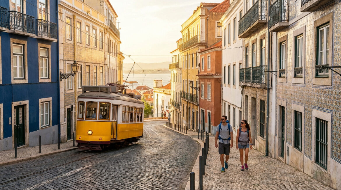 Tramway jaune typique de Lisbonne sur une rue pavée en pente, bordée de bâtiments colorés. Un couple marche. Le Tage est visible au loin.