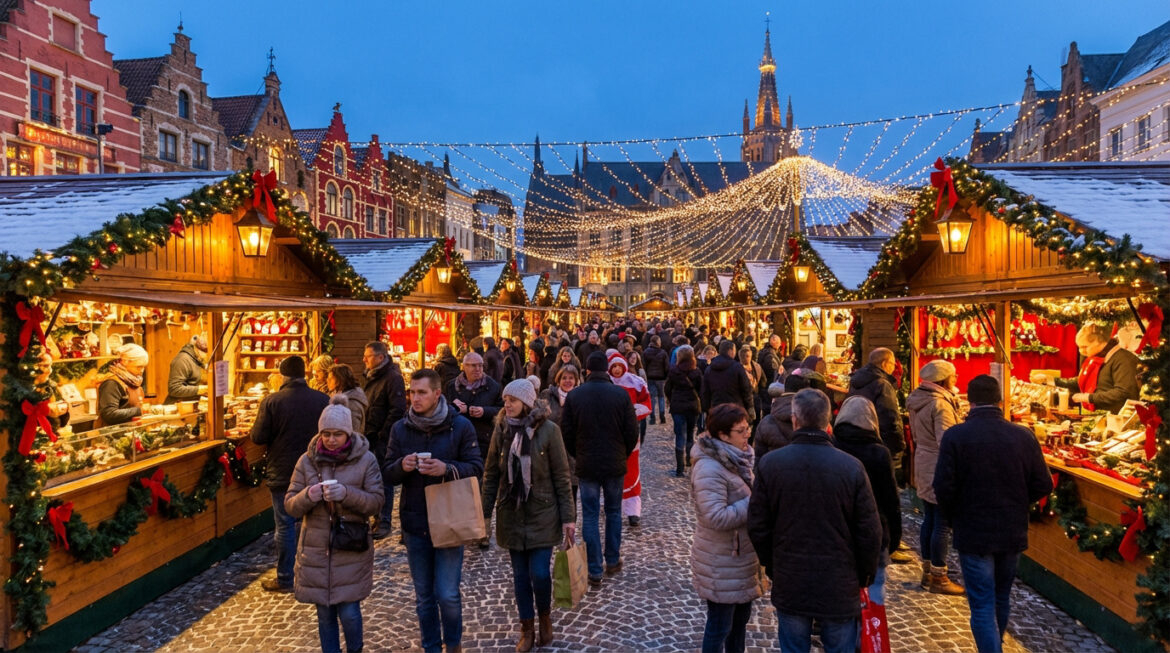 Marché de Noël animé en Belgique au crépuscule. Des gens parcourent des stands décorés de guirlandes et de lumières.
