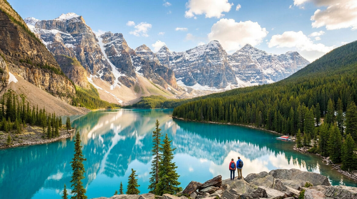 Deux personnes admirant le lac Moraine aux eaux turquoise entouré de forêts et de montagnes enneigées sous un ciel bleu.