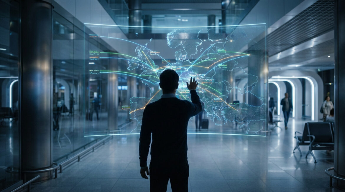 Un homme interagit avec un grand écran holographique affichant une carte des routes aériennes en Europe dans un aéroport moderne.