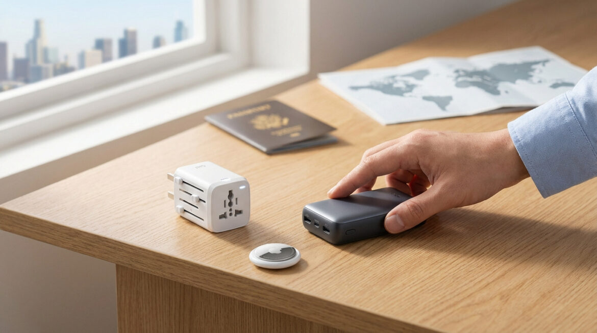 Une main saisit une batterie externe sur un bureau en bois, avec adaptateur universel, AirTag, passeport et carte du monde pour un voyage.