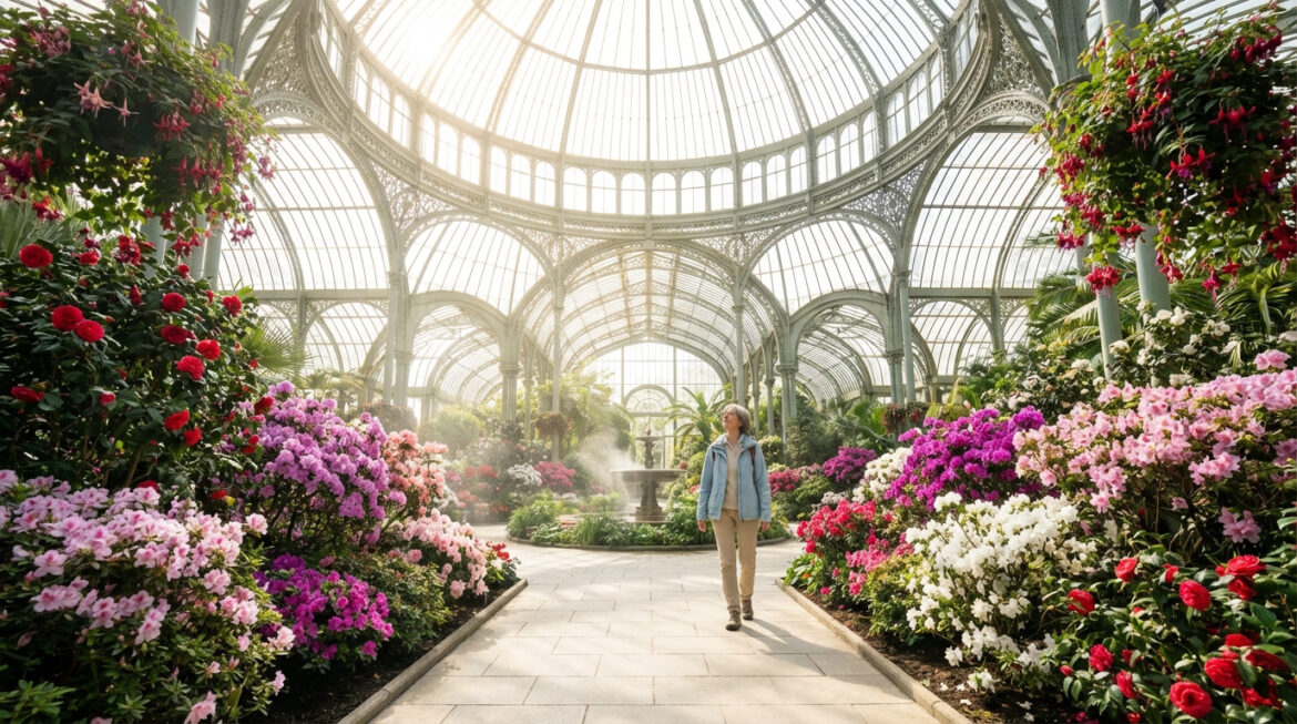 Une femme marche dans les majestueuses Serres Royales de Laeken, entourée d'une profusion de fleurs colorées sous une verrière lumineuse.
