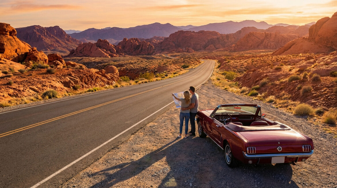 Un couple planifie son roadtrip sur une carte près d'une voiture rouge, au coucher du soleil dans un paysage désertique rocheux.