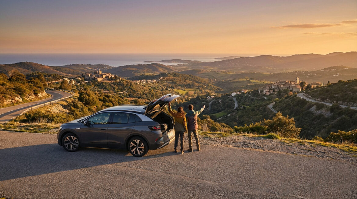 Un couple regarde un paysage côtier et des villages perchés depuis son SUV. Vue mer et collines au coucher du soleil.