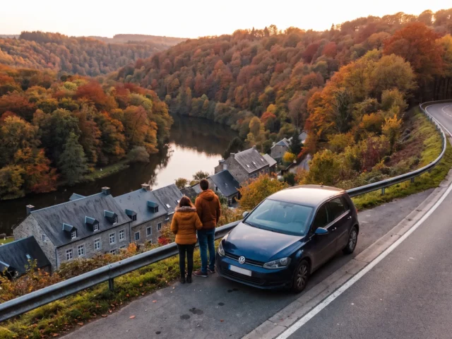 Couple et voiture sur une route sinueuse des Ardennes belges surplombant la vallée de la Semois en automne