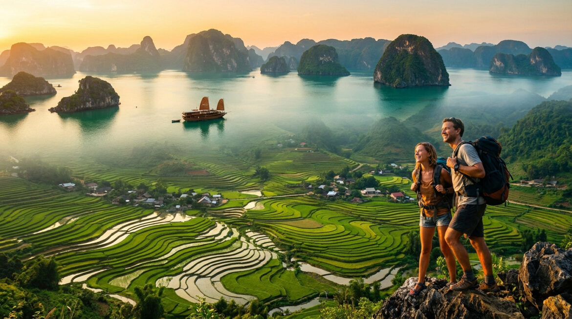Couple de randonneurs devant un panorama vietnamien: rizières en terrasses verdoyantes, baie karstique avec bateau sous un ciel doré.