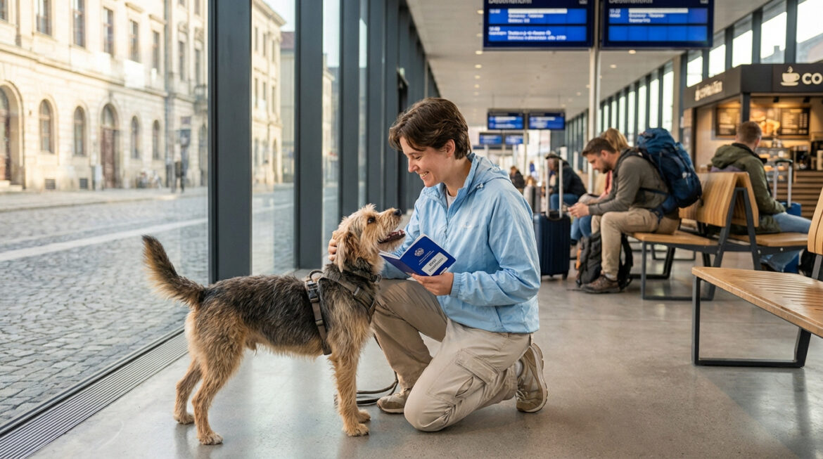 Personne souriante caresse son chien en gare, tenant un passeport animal. Vue sur ville ancienne, autres voyageurs et panneaux d'affichage.