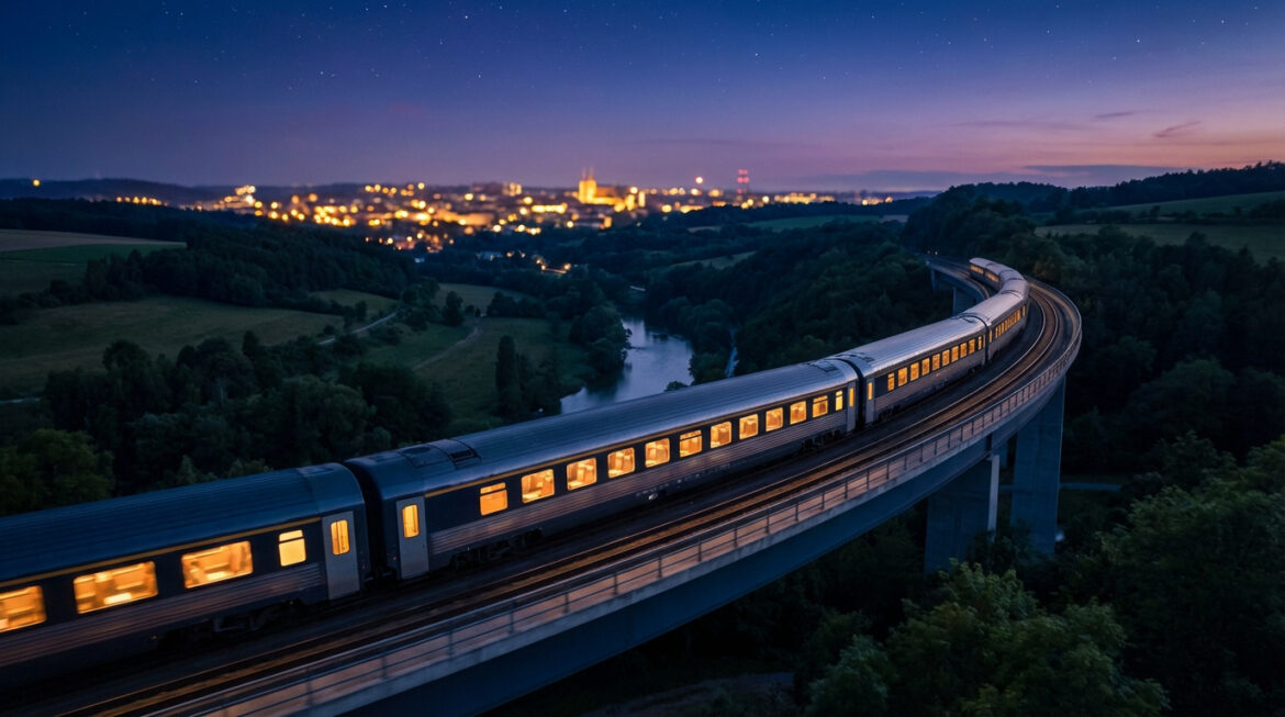 Train de nuit illuminé traversant un viaduc courbé au-dessus d'une vallée verdoyante avec une ville lointaine sous un ciel étoilé.
