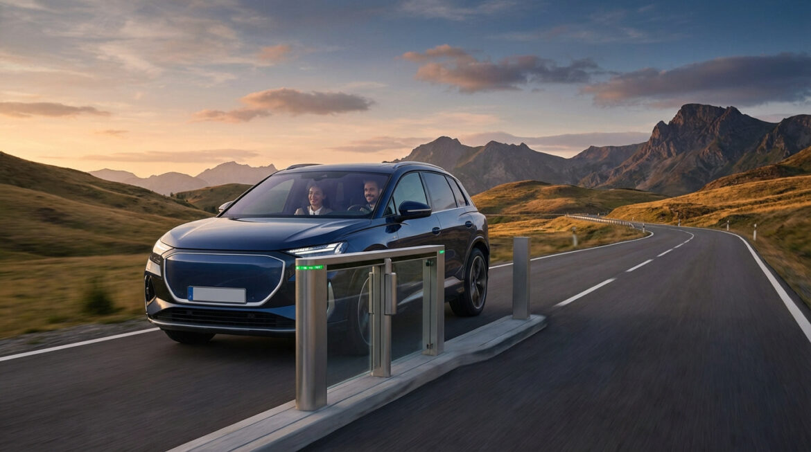Un SUV électrique bleu passe un péage automatique sur une route de montagne sinueuse. Deux passagers souriants sont à bord, sous une lumière du soir dorée.