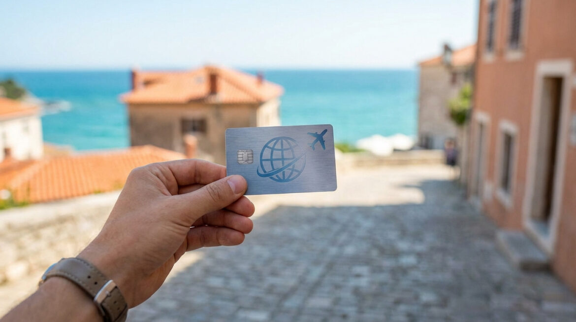 Une main tient une carte de voyage métallique avec un logo de globe et d'avion, devant une vue floue sur la mer et un village côtier méditerranéen.