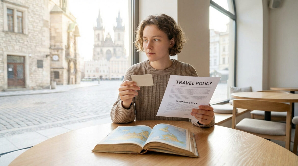 Jeune femme lit une police d'assurance voyage, tenant une carte, avec un guide de voyage ouvert et une vue sur une ville historique.