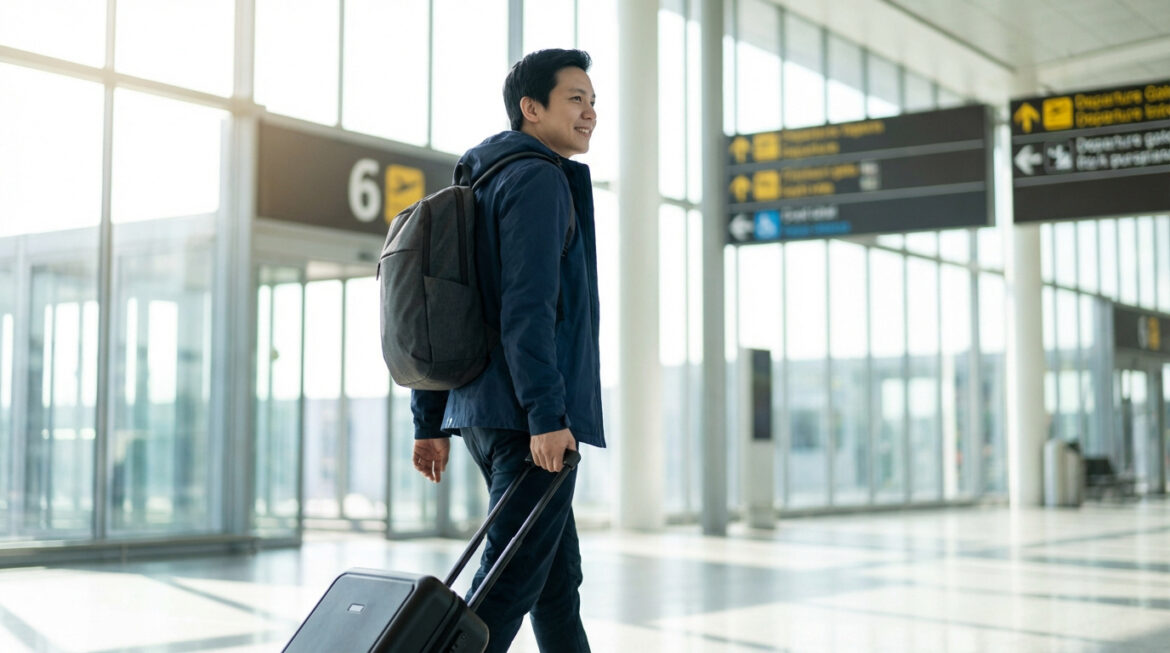 Un jeune homme asiatique souriant marche dans un terminal d'aéroport lumineux, tirant une valise à roulettes et portant un sac à dos.