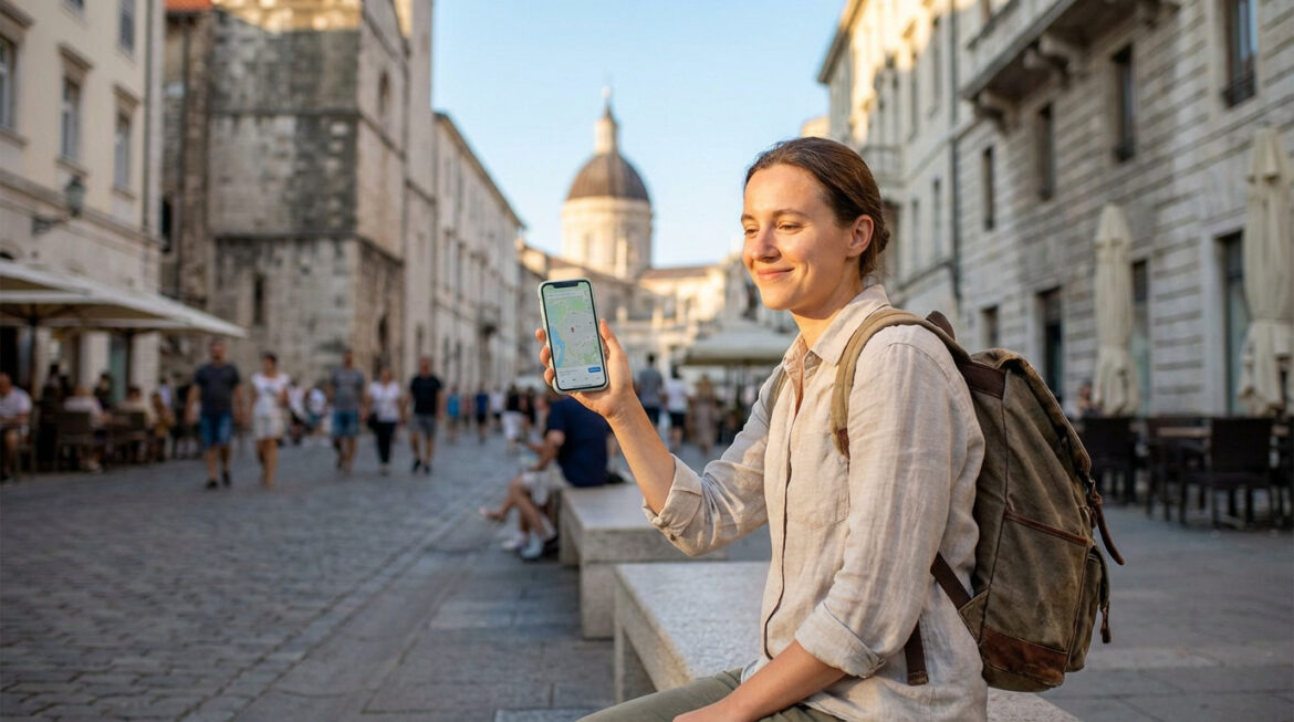 Jeune femme souriante avec sac à dos utilise son smartphone affichant une carte dans une rue pavée d'une ville historique européenne.