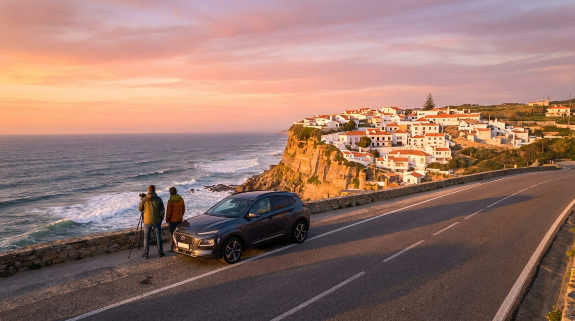 Deux personnes photographient le village côtier d'Azenhas do Mar au Portugal, avec ses maisons blanches sur les falaises, sous un ciel orangé.