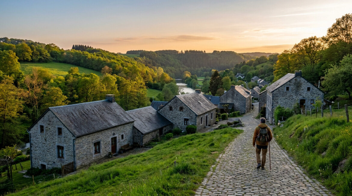 Randonneur sur une rue pavée dans un village wallon de maisons en pierre, vallée verdoyante, rivière et soleil couchant.