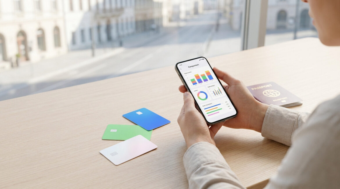 Personne utilise un smartphone avec appli de comparaison de données, cartes bancaires et passeport sur table en bois, fond urbain flou.