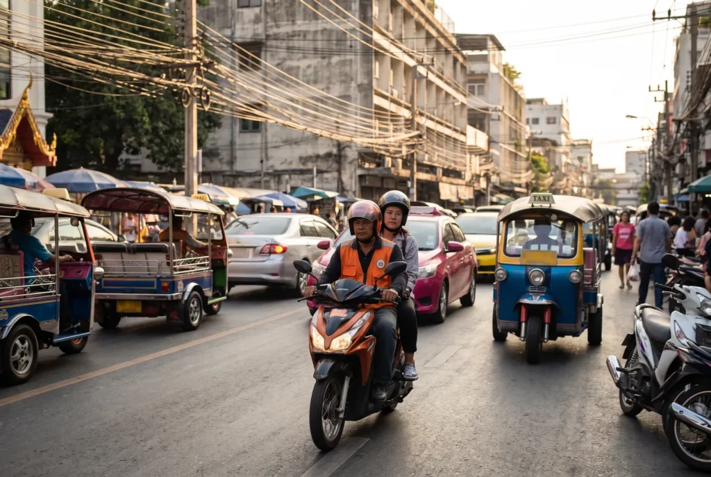 Passager en scooter-taxi réservé via appli dans la circulation de Bangkok, pratique pour se déplacer en Thaïlande