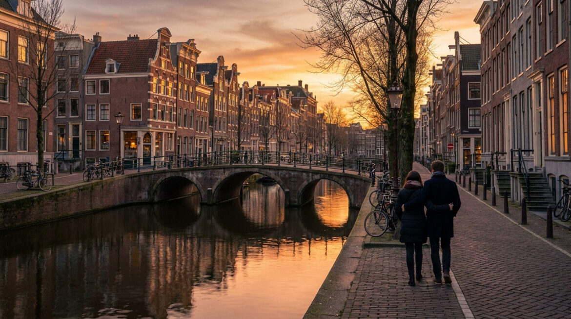 Un couple se promène bras dessus bras dessous le long d'un canal à Amsterdam au coucher du soleil, avec des maisons traditionnelles et un pont. Reflets dorés dans l'eau.