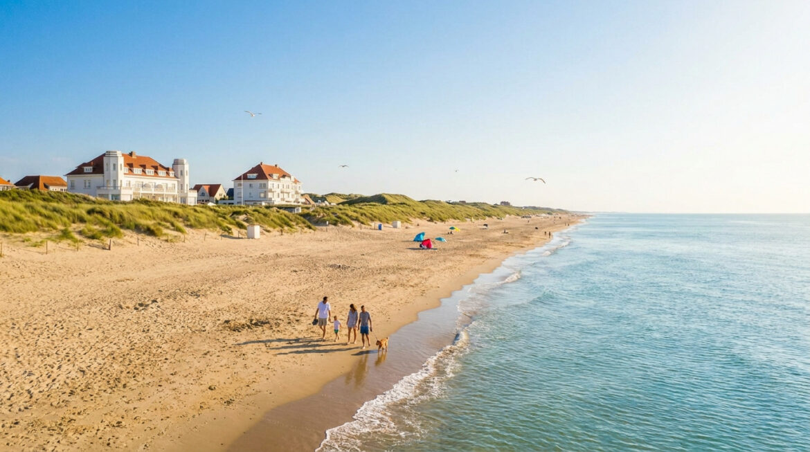 Vue aérienne d'une vaste plage de sable ensoleillée sur la côte belge, avec dunes, villas et une famille se promenant au bord de l'eau.