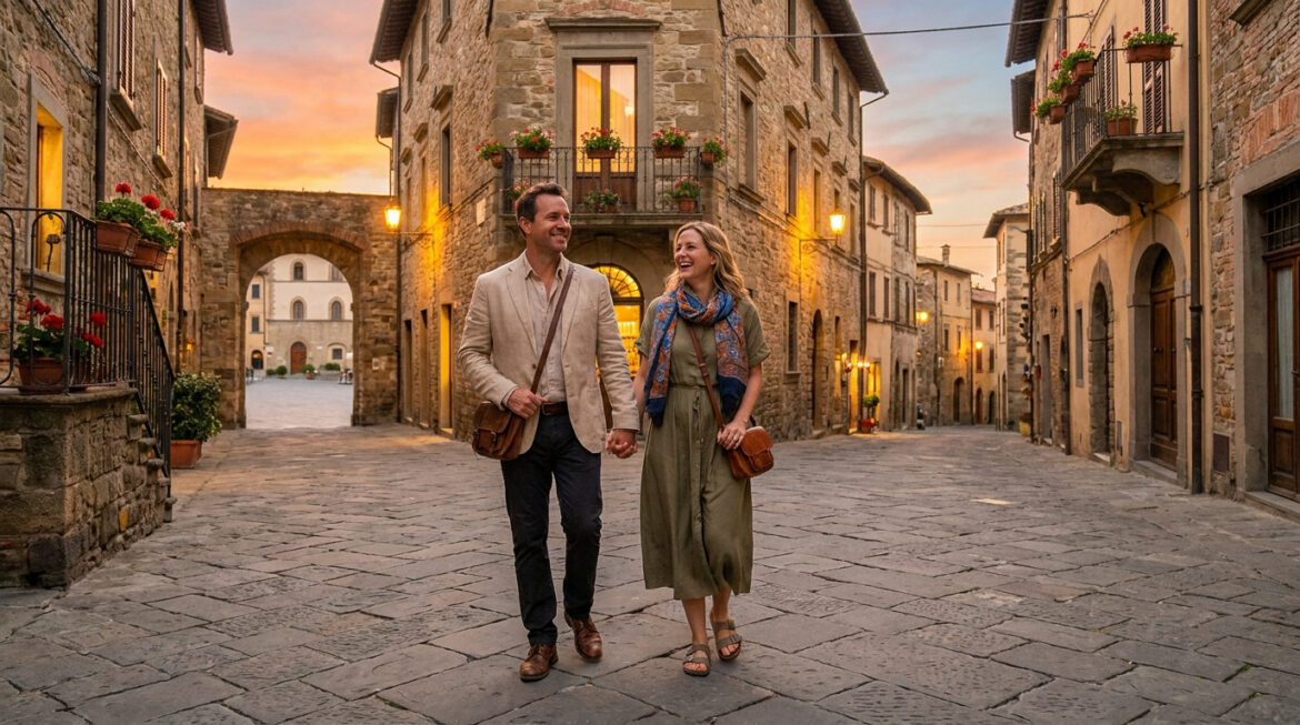 Couple souriant et insouciant se promenant main dans la main sur une rue pavée d'une charmante ville européenne au coucher du soleil.