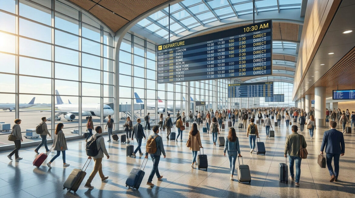 Hall d'aéroport moderne et animé, avec voyageurs, bagages, avions sur le tarmac et écrans affichant des vols directs.