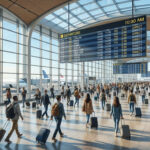 Hall d'aéroport moderne et animé, avec voyageurs, bagages, avions sur le tarmac et écrans affichant des vols directs.