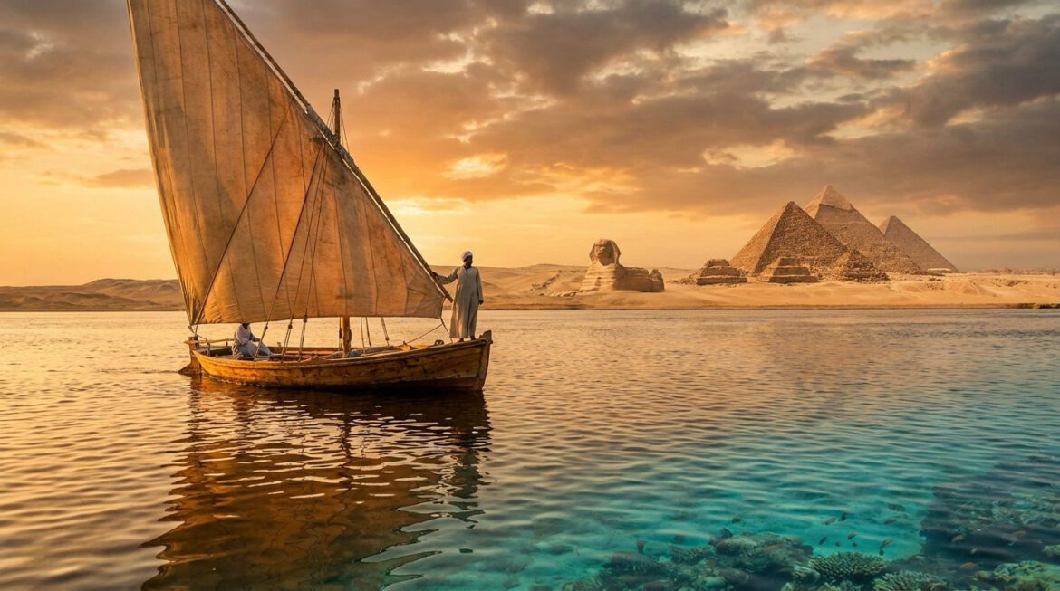 Voilier traditionnel égyptien (félicité) sur des eaux calmes au coucher du soleil, face aux pyramides de Gizeh et au Sphinx.