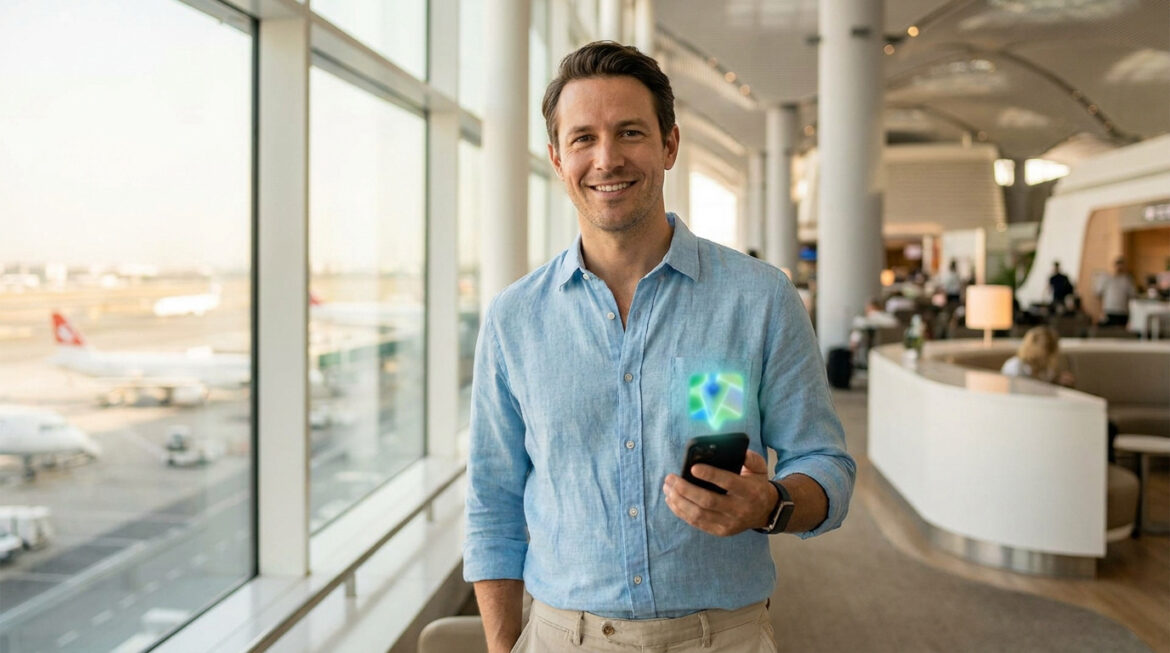 Un homme souriant en chemise bleue tient un smartphone avec une icône de carte holographique, dans un aéroport moderne près de la piste.