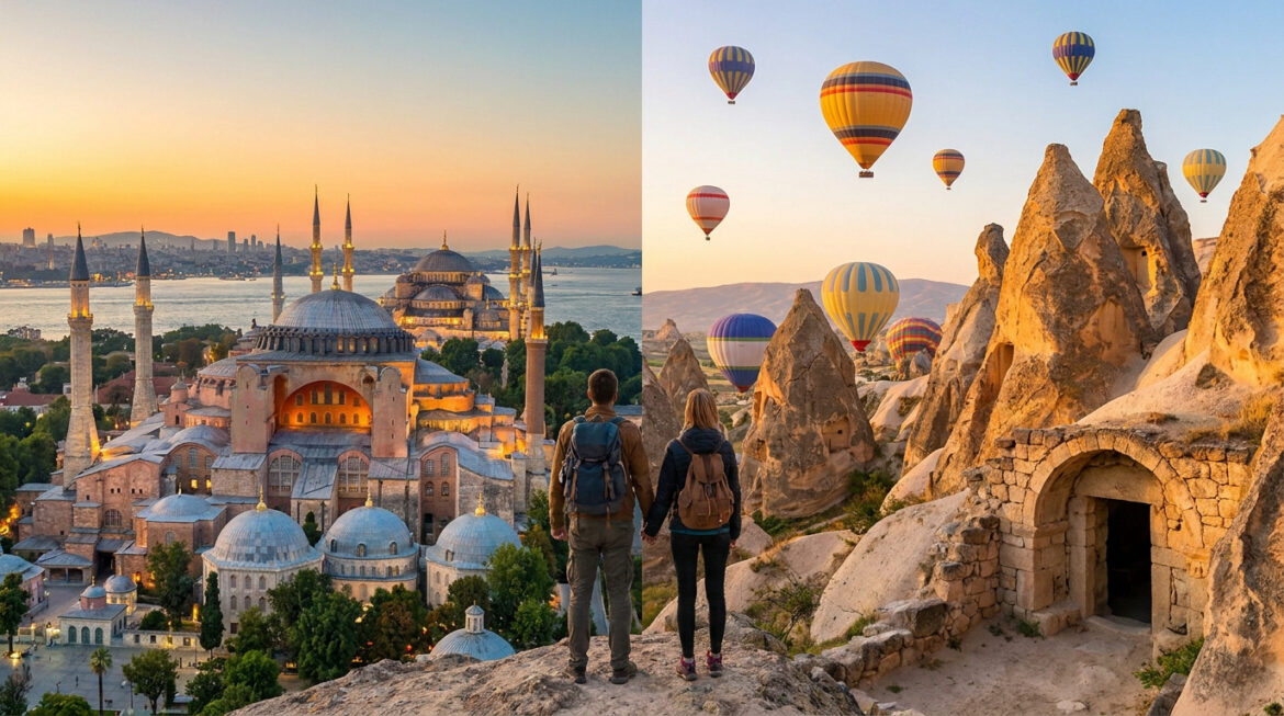 Vue partagée: Istanbul au lever du soleil avec Sainte-Sophie, et la Cappadoce avec montgolfières et cheminées de fées. Un couple admire.