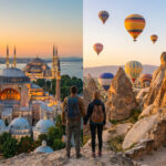 Vue partagée: Istanbul au lever du soleil avec Sainte-Sophie, et la Cappadoce avec montgolfières et cheminées de fées. Un couple admire.