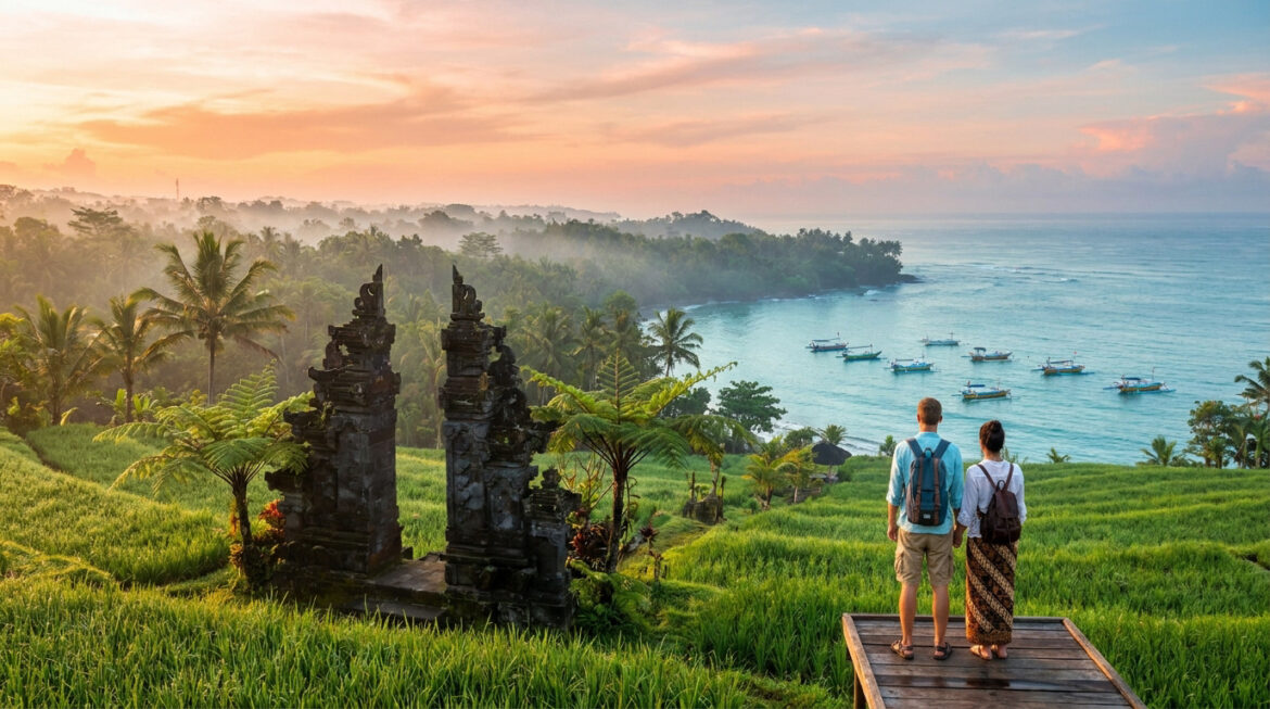 Couple admirant un lever de soleil sur les rizières balinaises, un temple et la mer avec des bateaux traditionnels.