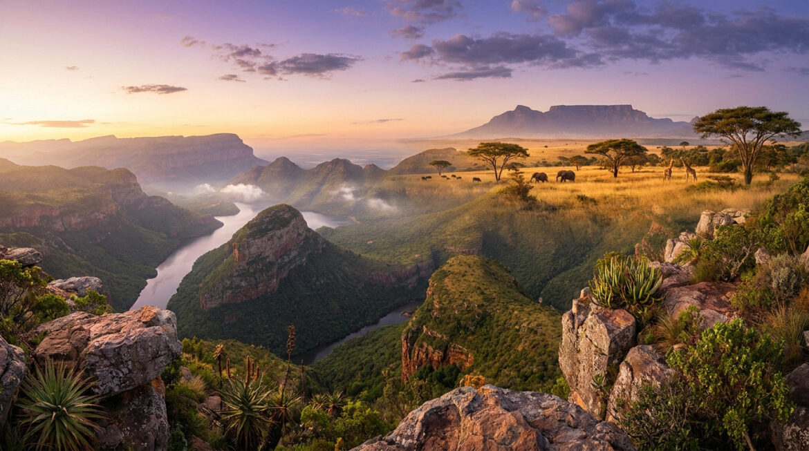 Canyon du Blyde River au crépuscule, avec une rivière sinueuse, des rochers, une savane dorée, éléphants et girafes.