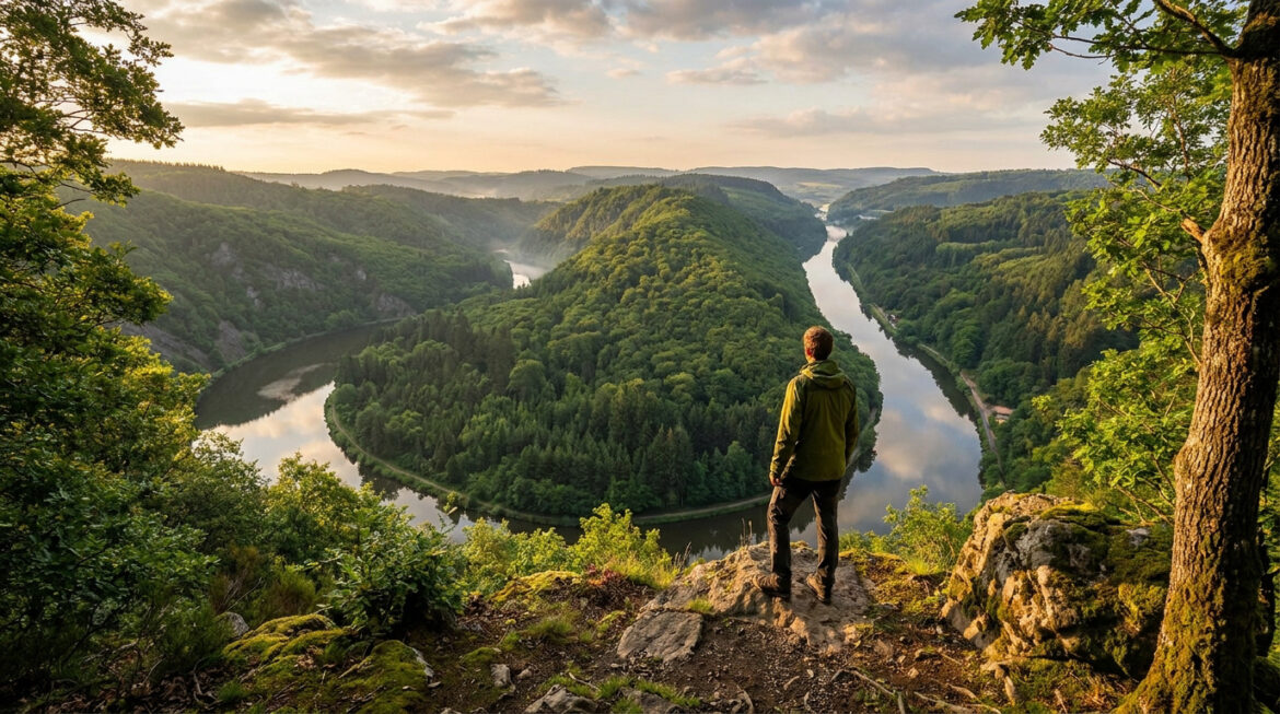 Homme de dos sur un promontoire rocheux, contemplant un large méandre de rivière bordé de forêts verdoyantes sous un ciel lumineux.