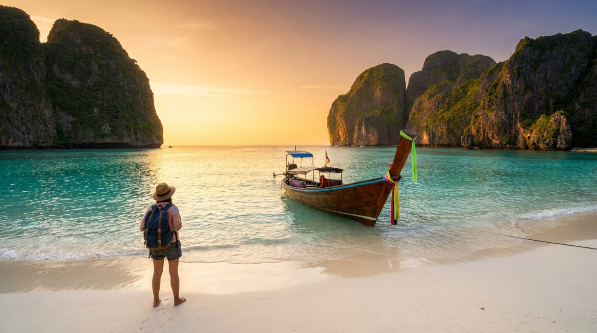 Une personne de dos sur une plage de sable blanc, admirant un longtail boat et des falaises au coucher du soleil en Thaïlande.