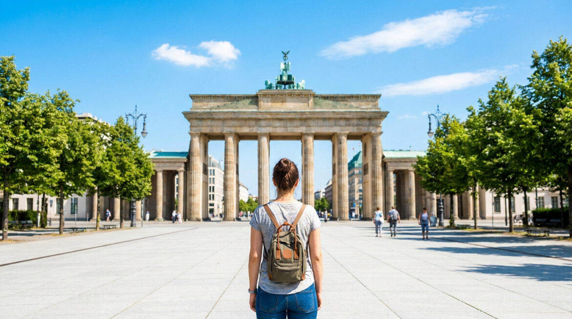 Voyageuse de dos avec sac à dos, admirant la Porte de Brandebourg à Berlin sous un ciel bleu ensoleillé.