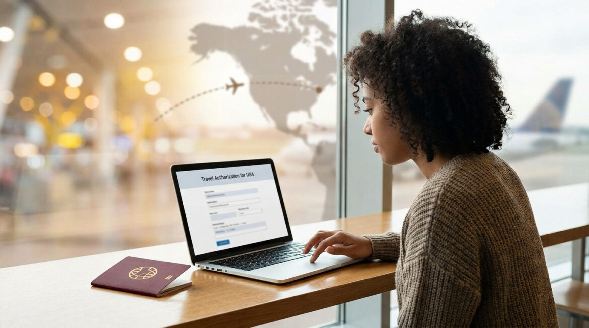 Une femme remplit un formulaire ESTA pour les USA sur son ordinateur portable dans un aéroport, avec un passeport et une carte des USA.