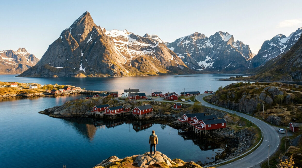 Vue sur le village de Reine aux Lofoten: maisons rouges, fjord calme, montagnes enneigées. Un homme contemple le paysage.