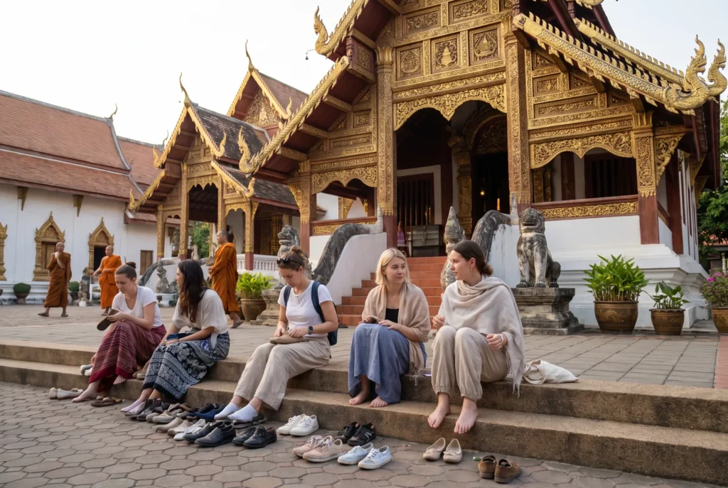 Visiteurs déchaussés et en tenue couverte à l'entrée d'un temple bouddhiste en Thaïlande, par respect des coutumes
