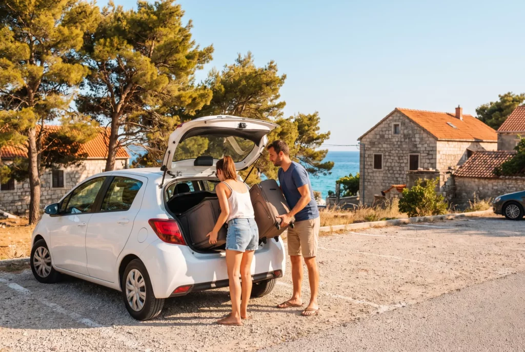 Couple chargeant ses valises dans une voiture de location au départ d'un road trip de 10 jours en Croatie