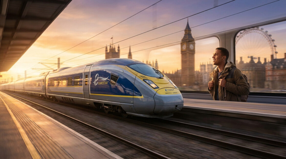 Un train Eurostar bleu et jaune arrive en gare, avec le Big Ben, le London Eye et un jeune homme souriant en arrière-plan sous un ciel doré.