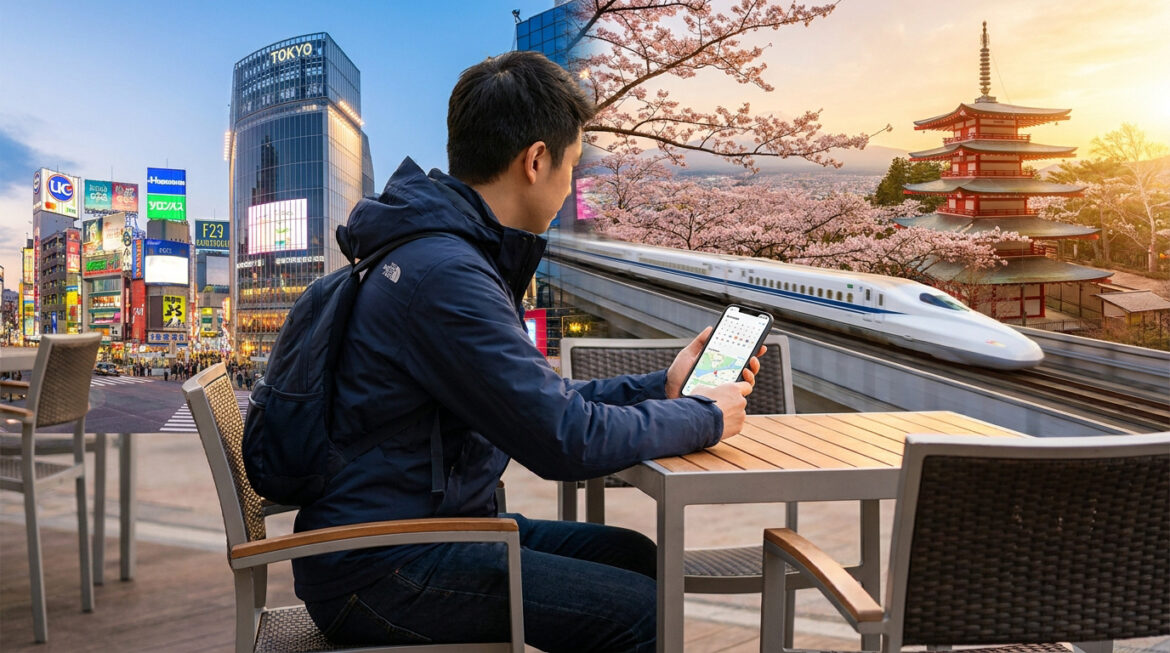 Un homme planifie son voyage au Japon sur smartphone, avec en fond Tokyo, des cerisiers en fleurs, une pagode et un Shinkansen.