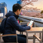 Un homme planifie son voyage au Japon sur smartphone, avec en fond Tokyo, des cerisiers en fleurs, une pagode et un Shinkansen.