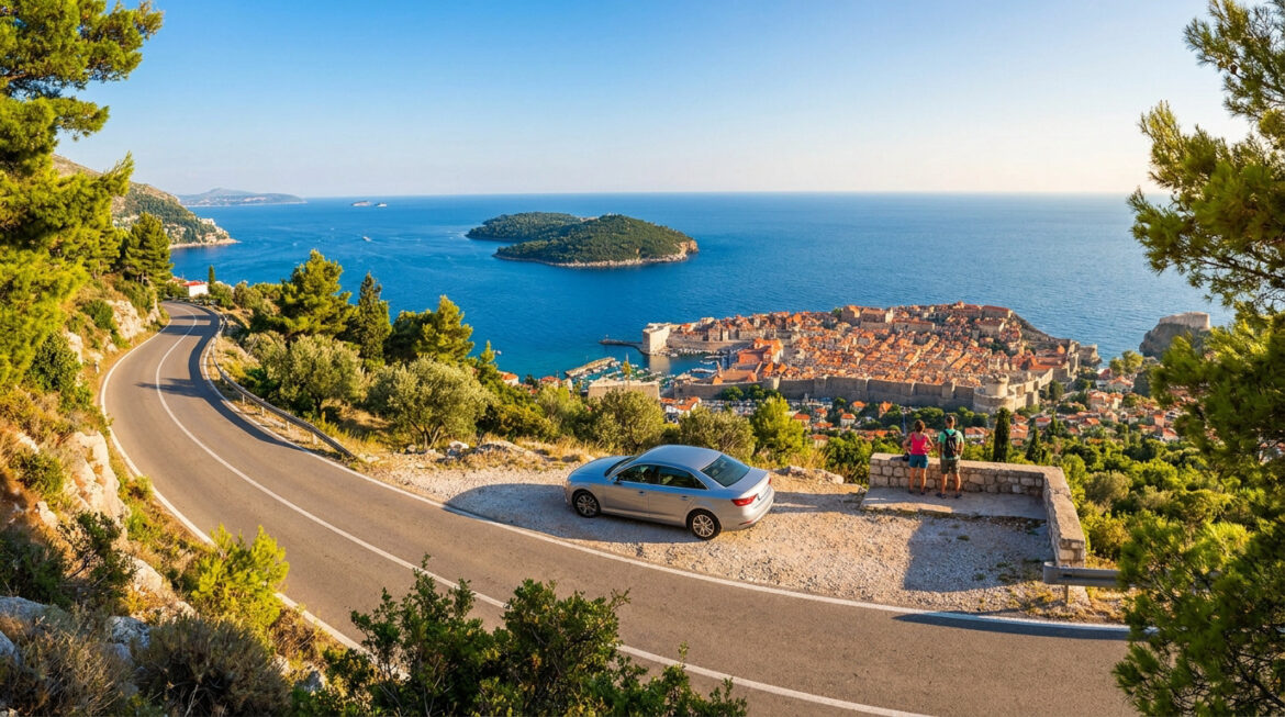 Vue panoramique de Dubrovnik, Croatie, avec une voiture et deux personnes sur une route côtière surplombant la ville fortifiée et la mer.