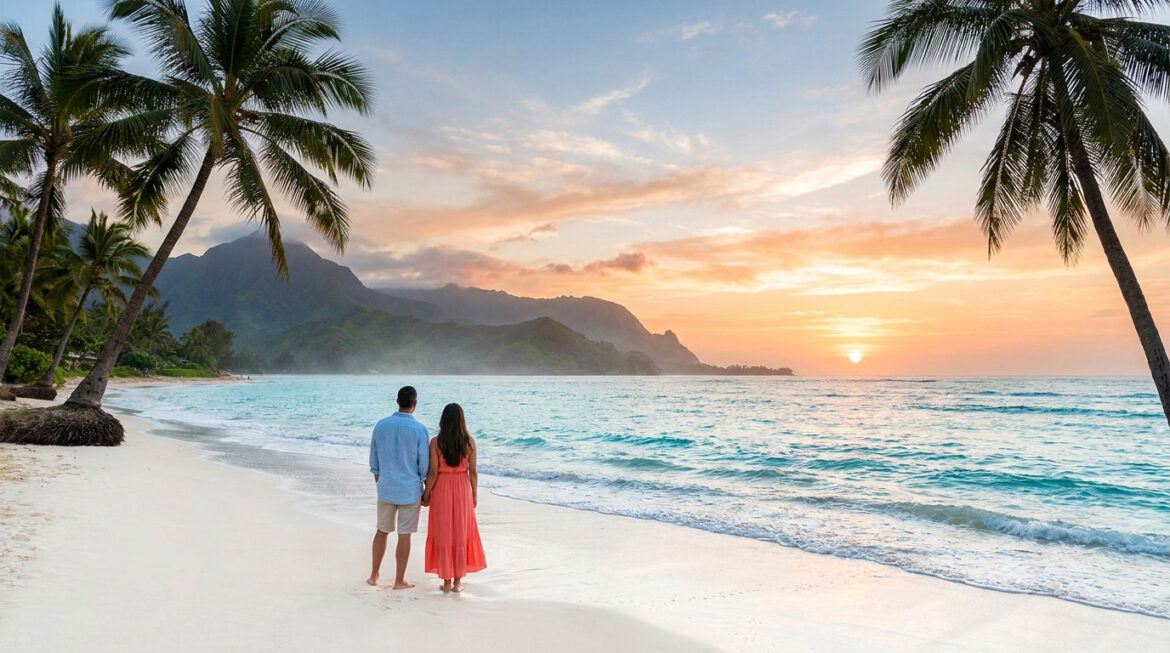 Un couple admirant un coucher de soleil sur une plage tropicale à Hawaï avec des palmiers et des montagnes en arrière-plan.