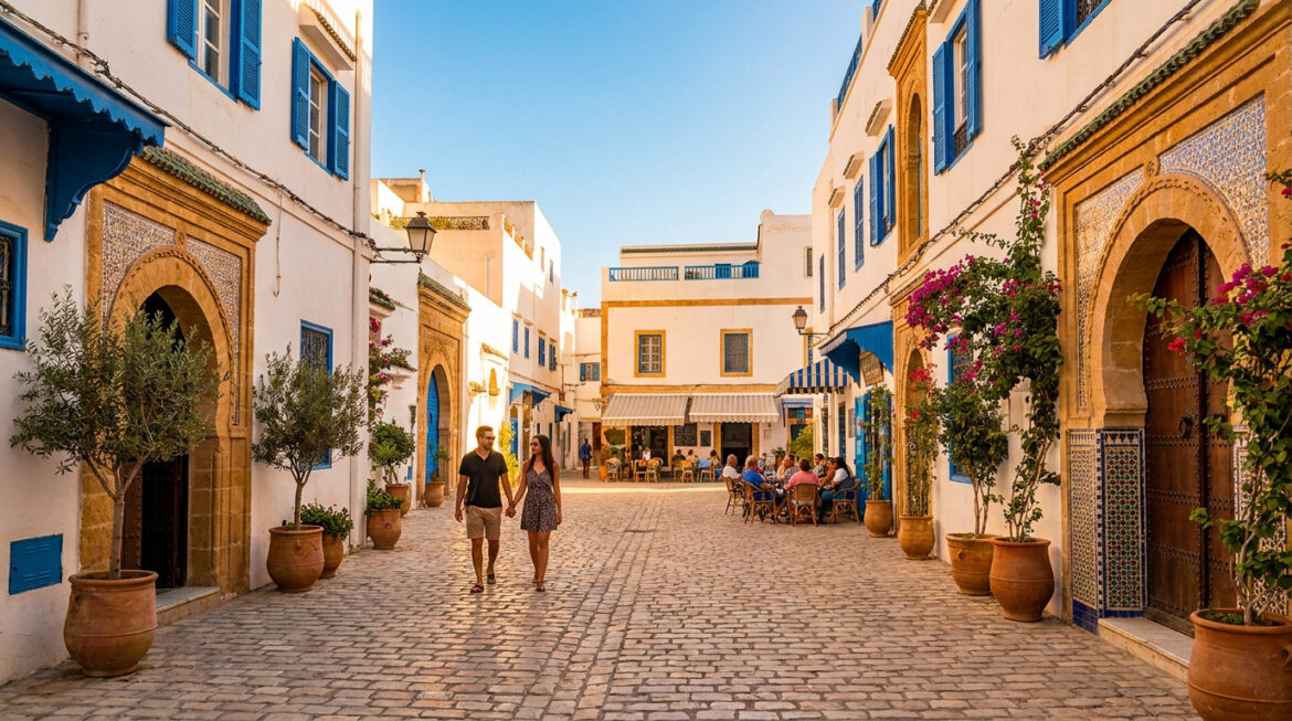 Couple se promenant dans une rue pavée bordée de bâtiments blancs aux volets bleus dans la médina d'Essaouira au Maroc.