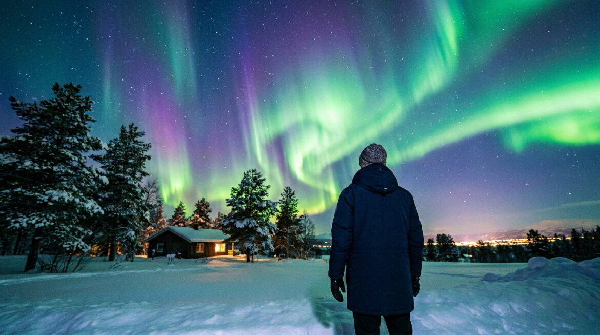 Une personne regarde des aurores boréales vertes et violettes au-dessus d'un chalet enneigé à Tromsø.
