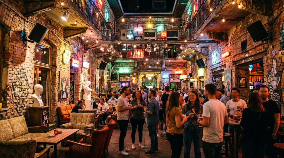 Foule dans un ruin bar de Budapest avec murs en briques, guirlandes lumineuses et décor éclectique la nuit.