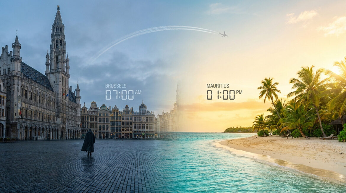 Comparaison visuelle entre la Grand-Place de Bruxelles et une plage tropicale de l'île Maurice avec horloges digitales.