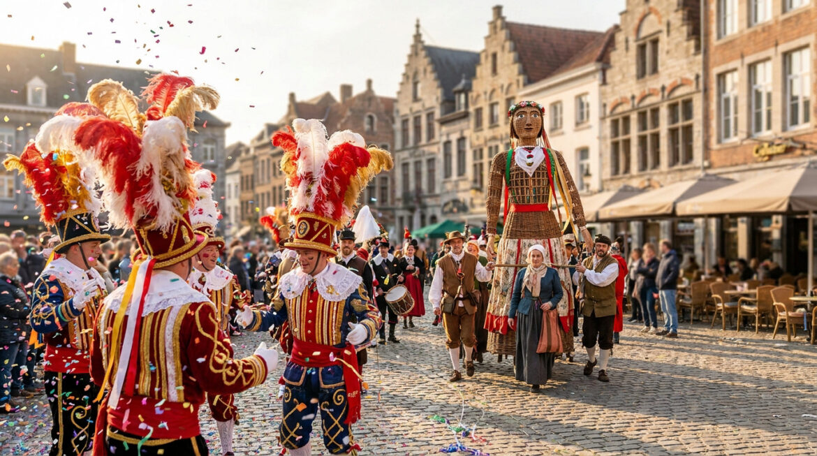 Participants en costume traditionnel de Gilles et géants défilant sur une place pavée lors d'un festival en Belgique.