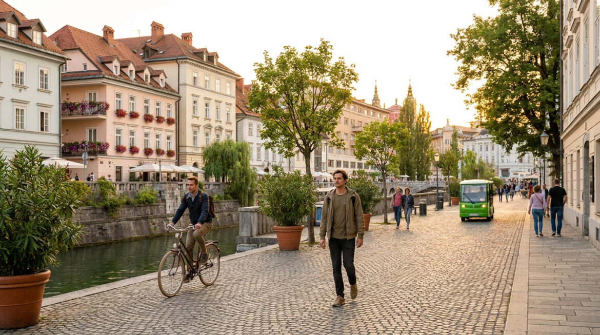 Un homme à vélo et un piéton sur les quais pavés de Ljubljana, avec une petite navette électrique en arrière-plan.